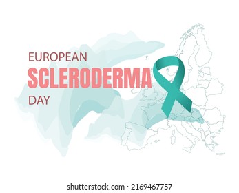 European Scleroderma Day, green ribbon on a map of Europe on white background and copy space.