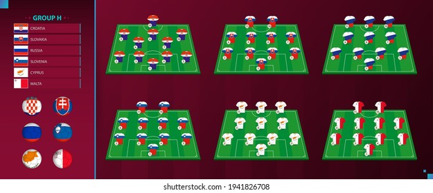 European section of World football tournament qualification, Group H. Vector country flag set and Team Formation on Football Field. Vector illustration.