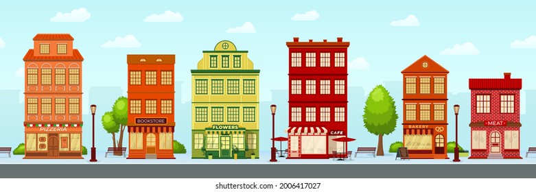 European shopping street. Cartoon city, cute house facade exterior. Shop and cafe, buildings seamless pattern. Town landscape recent vector banner