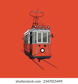 The European side of Istanbul T2 tramline Taksim Tunel traditional turkish public transport, Istiklal, Beyoglu. Hand drawing, sketch of tramway. Vector illustration eps10