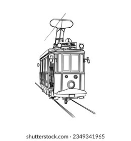 The European side of Istanbul T2 tramline Taksim Tunel traditional turkish public transport, Istiklal, Beyoglu. Hand drawing, sketch of tramway. Vector illustration eps10