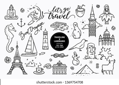 European sights, landmarks all around the world, travel icons, marine cruise icons. Vector collection of hand drawn doodle style clipart illustration places of interest isolated on white background.