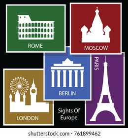 european sights, postcard, rome, moscow, berlin, london and paris 