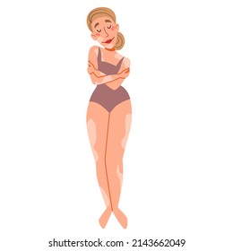European slender woman with vitiligo. The girl hugs herself. The concept of body positivity, self-acceptance. skin disease vitiligo.