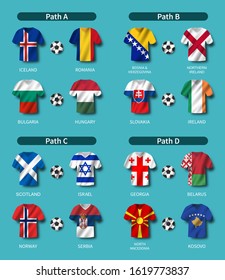European soccer play-off draw 2020 . Group of international teams . Football jersey with waving country flag pattern . Blue theme background . Vector .