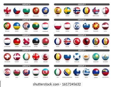 European soccer tournament qualifying draw 2020 . Group of international teams . 3D Football with country flag pattern . Vector .