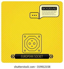 European socket icon. Electricity power adapter sign. Chat speech bubbles. Orange line background. Vector.