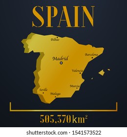 European Spain golden 3d solid country outline silhouette, realistic piece of world map template, for infographic, vector illustration, isolated object, background. From countries set