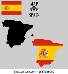 European Spain outline world map silhouette vector illustration, creative design background, national country flag, objects, element, symbols from countries all continents set.
