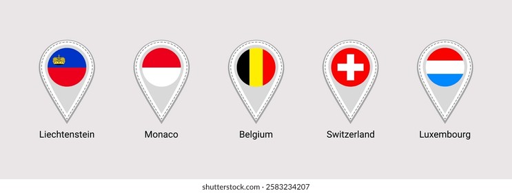 European states flags map pins isolated icons vector illustration. Switzerland, Belgium, Monaco, Luxembourg, Liechtenstein official symbols stickers signs. Europe countries location point marker badge