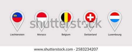 European states flags map pins isolated icons vector illustration. Switzerland, Belgium, Monaco, Luxembourg, Liechtenstein official symbols stickers signs. Europe countries location point marker badge