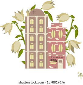 European street background with traditional houses among huge plants and wildflowers, yucca flower, spring flowers, in a flat style. - Vector 