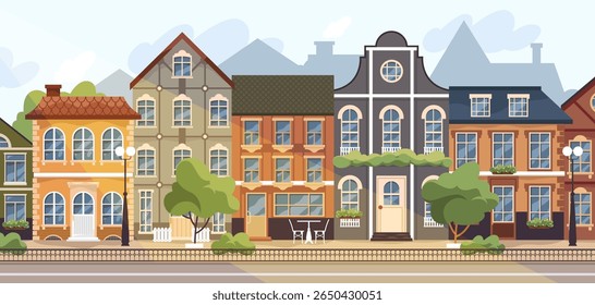 Fundo da rua europeu. Vetor vintage arquitetura paisagem urbana. Cenário retrô ou velho com edifício histórico ou fachada de casas. Cartaz plano exterior da cidade para viagens e turismo. Um marco na Europa.