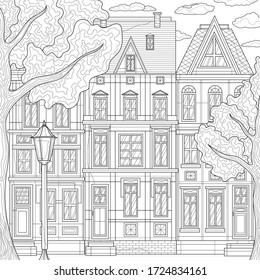 European street. Buildings and around trees.House.Coloring book antistress for children and adults. Illustration isolated on white background. Black and white drawing.Outline style.