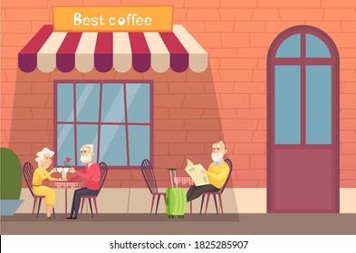 European street cafe. Elderly travellers drink coffee on terrace. Old people with luggage relax vector illustration