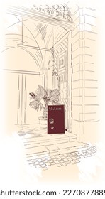 European street cafe. Hand drawing of the old city. Vector illustration in vintage style. Palm tree menu and billboard, entrance to store, cafe or restaurant. Suitable for menu, booklet, invitation, p