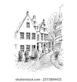 European street. Hand drawn vector illustration.