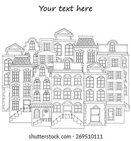 European street with houses drawing, hand drawn vector elements