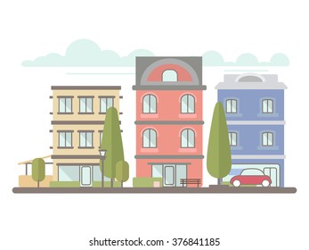 European street with houses and trees. Vector illustration of a flat design