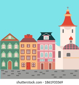 European street. Lviv city. West european styled buildings. Facades with doors, windows and design elements. Christian church. Vector design for card, wallpaper. 