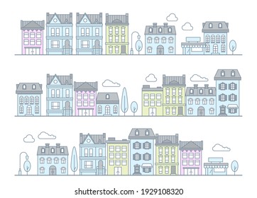 European street with old buildings and houses, medieval town houses row, vector