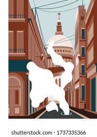 European street in Rome. City houses and a cathedral. Vector illustration. Cityscape outdoor architecture. Tourist attraction.