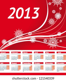 European style 2013 Calendar. Monday week start. Vector red background with christmas  waves and snowflakes