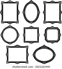 European style picture frame set of various shapes such as rectangle, oval, circle with calligraphic
line decoration