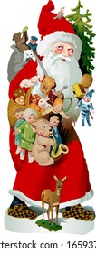 European style Santa Claus/ Father Christmas loaded down with toys and other treats