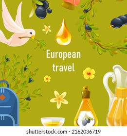 European summer travel banner with olive tree branches. Green background with dove flying with olive branch, bottles of oil and backpack. Traveling on summer vacation flat vector olive