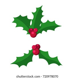 European Symbol Of Christmas.Branch Of Holly.Green Leaves and Red Berries of Ilex aquifolium.European Holly traditional Christmas decoration.Vector Illustration Isolated from Background