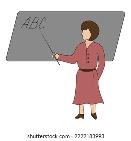 A European teacher teaches students the alphabet. A woman points with a pointer at the letters ABC written on the blackboard. Color vector illustration. Cartoon style. Isolated background