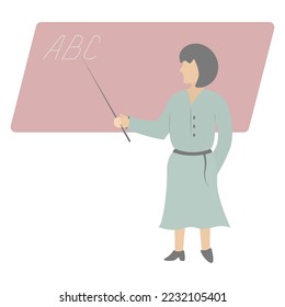 A European teacher teaches students the alphabet. A woman points with a pointer at the letters ABC written on the blackboard. Color vector illustration. School theme. Flat style. Isolated background. 