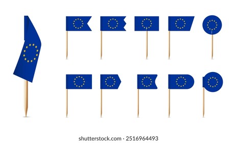 Europäische Zahnstocher-Flaggen. Souvenir der Flagge der Europäischen Union, hölzerne Zahnstocher mit Papier EU-Flaggenmockup. Europa-Zeichen, Vektorsatz.