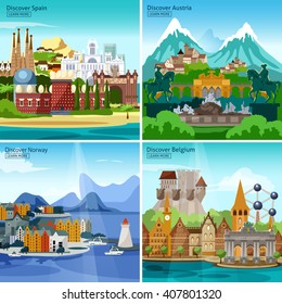 European Touristic Icon Set with historical monuments and sights of Spain Austria Norway and Belgium vector illustration