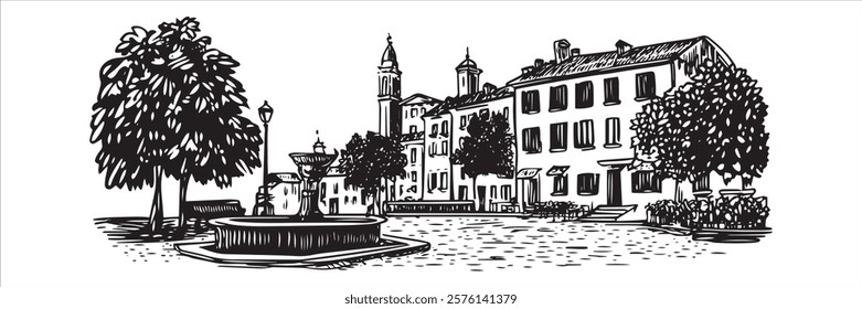 european town square with fountain and trees in black and white hand-drawn style