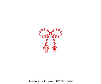 European tradition, symbol of spring. Bow-knot of red and white twisted cord with a couple. 8 March. Vector illustration