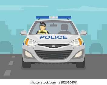 European traffic police officer driving a car on the city road. Traffic speed control. Front view. Flat vector illustration template.