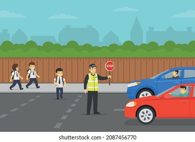 European Traffic Police Officer Holding A Stop Sign And Stopping The Flow Of Traffic. Cop Helping School Children To Cross The Road. Flat Vector Illustration Template.