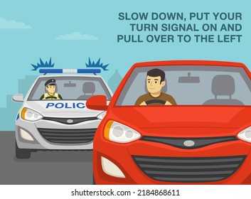 European Traffic Police Officer Pulls Over A Red Sedan Car On A City Road. Slow Down, Put Turn Signal On And Pull Over To The Left. Young Male Driver Looking At Rear Mirror. Flat Vector Illustration.