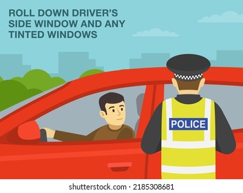 European traffic police officer pulls over a red sedan car on a city road. Roll down driver's side window. Young male driver looking at police officer. Flat vector illustration template.