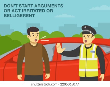 European Traffic Police Officer Pulls Over A Red Car On A City Road. Do Not Start Arguments Or Act Irritated Or Belligerent With Police. Yelling Angry Male Driver. Flat Vector Illustration Template.