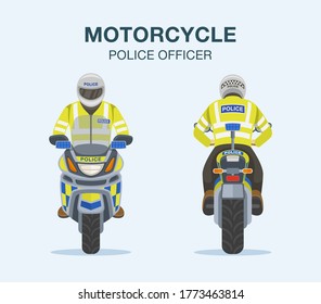 European traffic police officer riding a motorcycle. Front and back view. Flat vector illustration template.