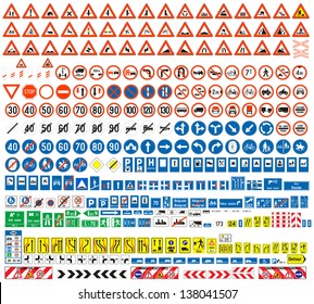 European traffic signs collection. Signs of danger. Mandatory signs.Signs of obligations. Signs of alerts. Supplementary tables. Tables of routing. Temporary traffic signs. 308 signs, vector.