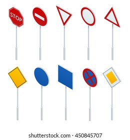 European Traffic Signs Collection. Signs Of Danger, Mandatory, Obligations. Flat 3d Vector Isometric Concept.