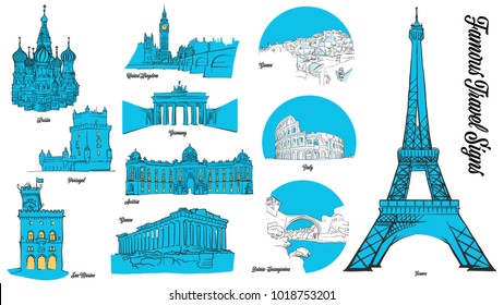 European Travel Landmarks Set. Hand drawn outline illustration for print design and travel marketing