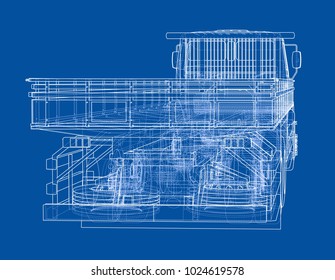European truck outlined vector rendering of 3d. The layers of visible and invisible lines are separated