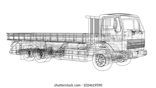 European truck outlined vector rendering of 3d. The layers of visible and invisible lines are separated