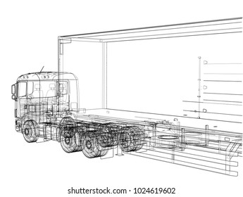 European truck outlined vector rendering of 3d. The layers of visible and invisible lines are separated