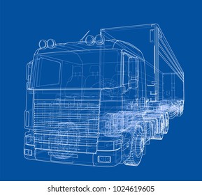 European truck outlined vector rendering of 3d. The layers of visible and invisible lines are separated
